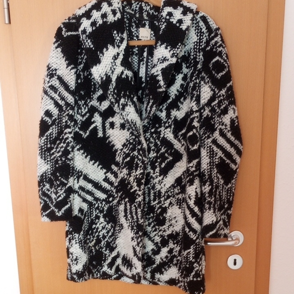 ECRU Black and White Patterned Sweater Coat Cardigan Tribal Woven